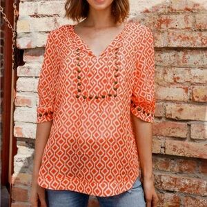 Sheer Orange Geometric Boho Blouse Lightweight V Neck 3/4 Sleeve Layering Top